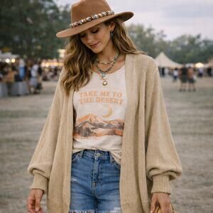 Beige Batwing Open Knit Cardigan | Womens SZ XXL | Lightweight Draped Cozy Layer